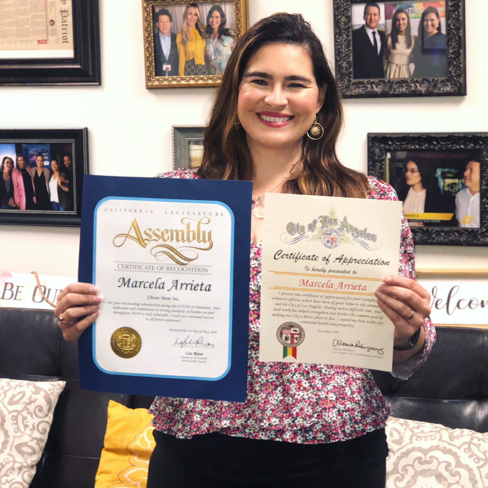 Marcela Arrieta receives recognitions from the city of Los Angeles for her volunteer work during the Covid-19 pandemic